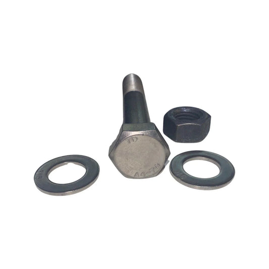 Stainless steel M18 bolt kit with two washers and a hex nut on white background