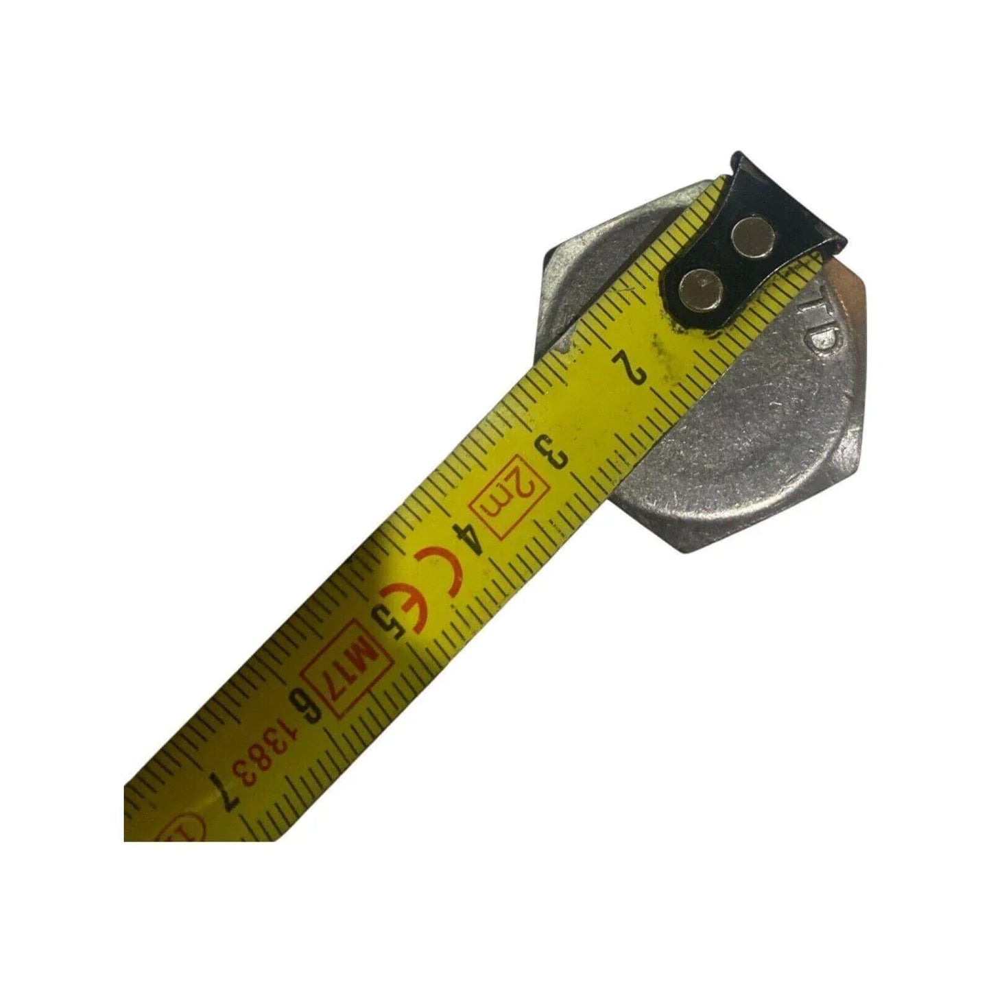 Stainless steel hex bolt measured with yellow tape measure, M18 size, on white background.