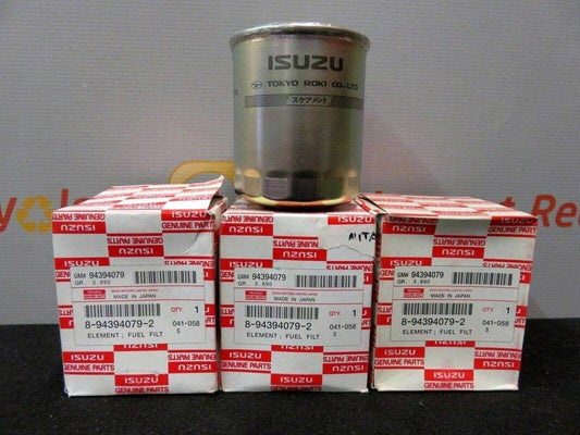 Isuzu fuel filter 8-94394079-2 with three boxed genuine parts, automotive component