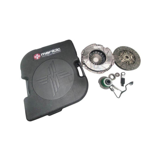 Automotive clutch kit with pressure plate, clutch disc, bearings, and black carrying case on white background.