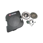 Automotive clutch kit with pressure plate, clutch disc, bearings, and black carrying case on white background.