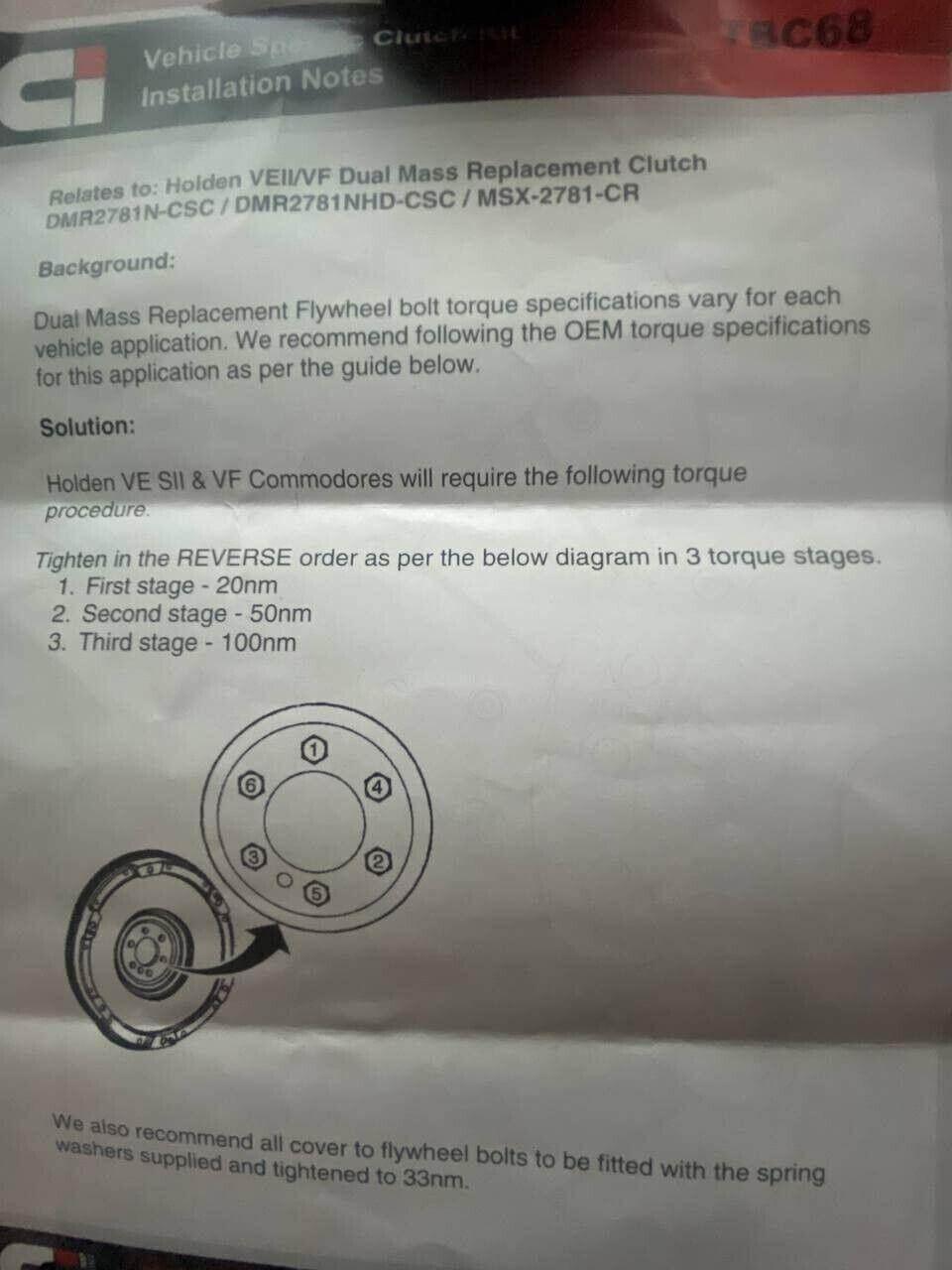 Holden Commodore VE II VF dual mass clutch kit instructions with torque sequence diagram