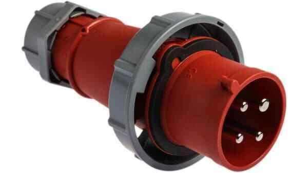 Red 4-pin industrial power plug 32A 400V IP67 cable mount with gray locking ring