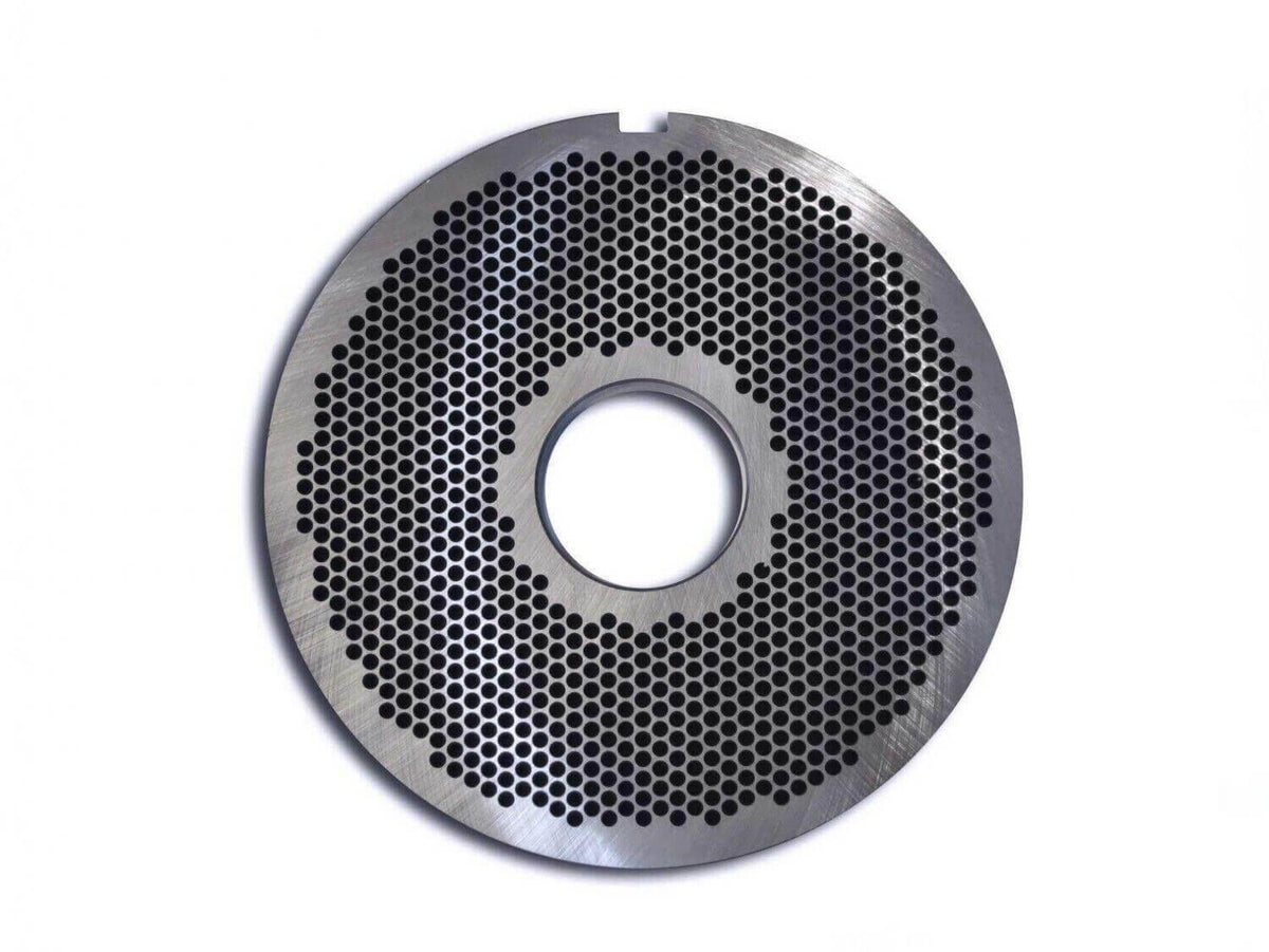 Round steel mincer plate with multiple small holes and central opening, tool steel part