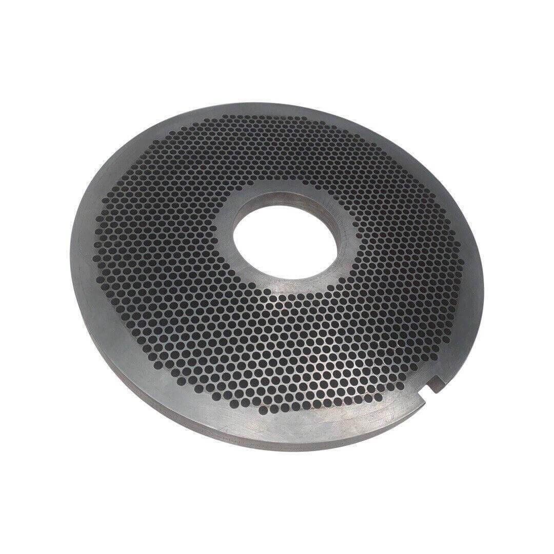 Round steel mincer plate with multiple small holes and central cutout, tool steel part