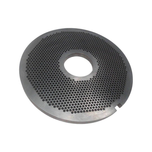 Round steel mincer plate with multiple small holes and central cutout, tool steel part