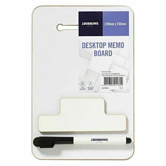 White desktop memo board with pen and eraser, ideal for office notes and reminders.