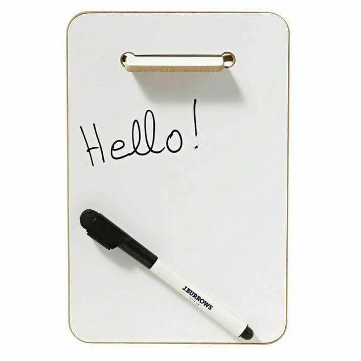 A5 whiteboard with black marker and eraser, memo board with Hello written on it