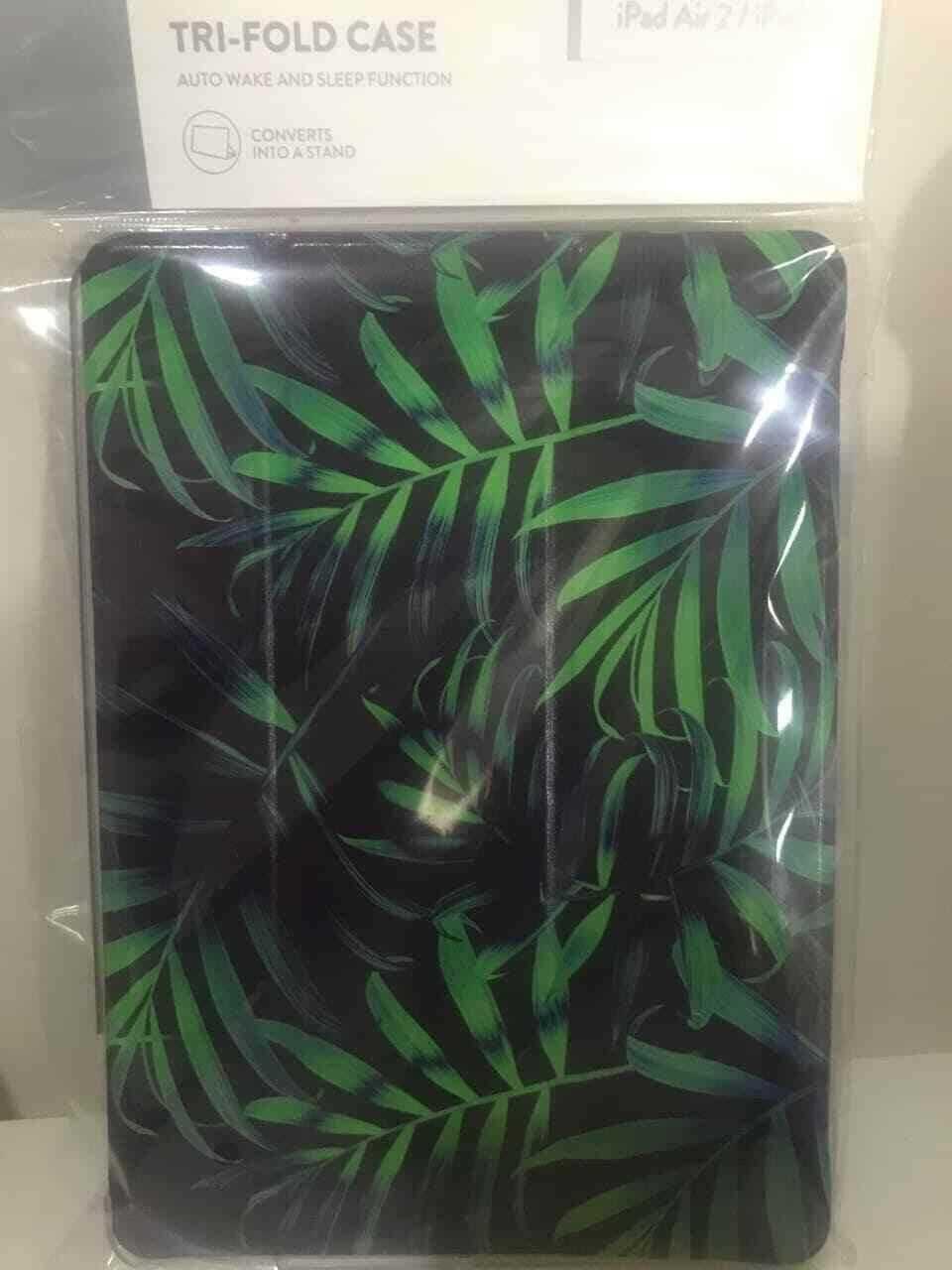 Tri-fold iPad case with green palm leaf design, auto wake sleep cover, converts to stand