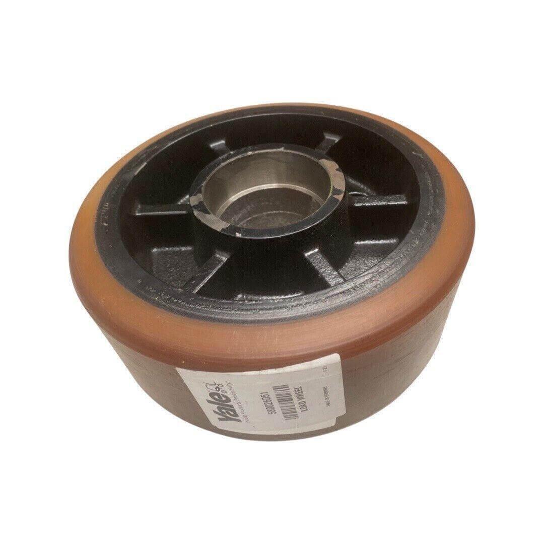 Polyurethane forklift load wheel with metal core, replacement part, plain background
