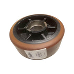 Polyurethane forklift load wheel with metal core, replacement part, plain background
