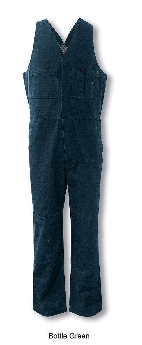 Men's bottle green cotton drill work overalls with sleeveless action-back design