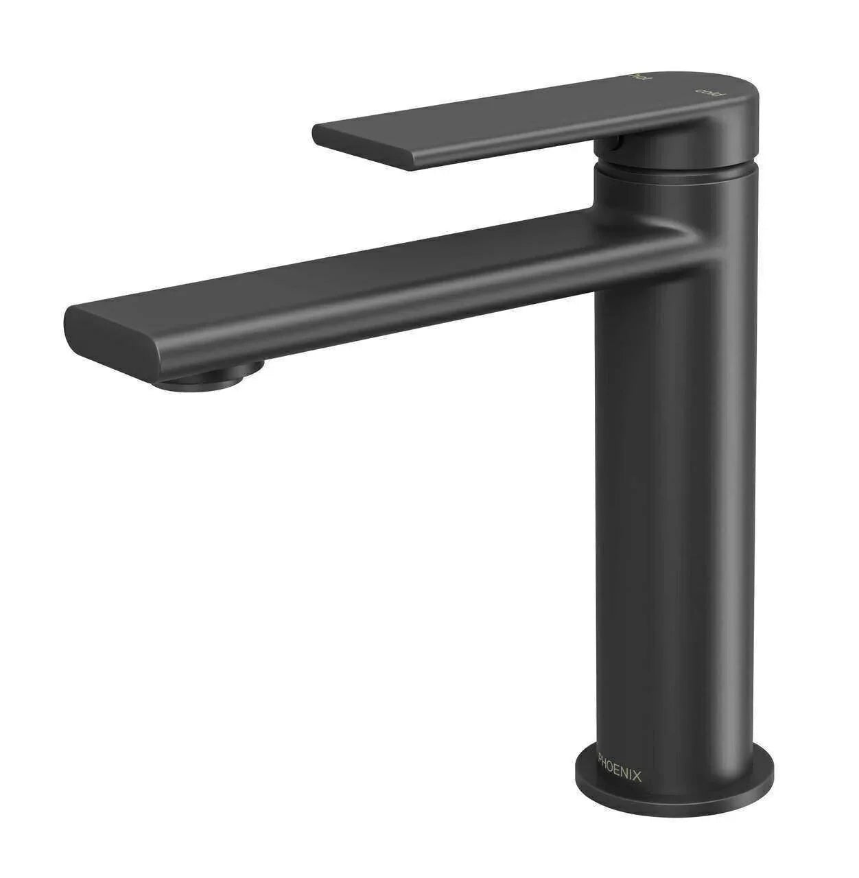 Modern matte black basin mixer tap with single lever and cylindrical base on white background