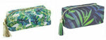 Two portable makeup bags with tropical leaf print and gold zipper tassels, travel cosmetic cases