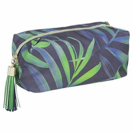 Tropical leaf print makeup bag with zipper and green tassel, portable cosmetic case