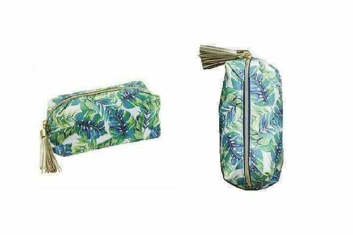 Tropical leaf print makeup bag with gold zipper and tassel, shown from side and top views