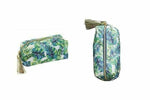 Tropical leaf print makeup bag with gold zipper and tassel, shown from side and top views