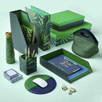 Green and blue patterned desk organizer set with folders, notebooks, pen holder, and mouse pad.