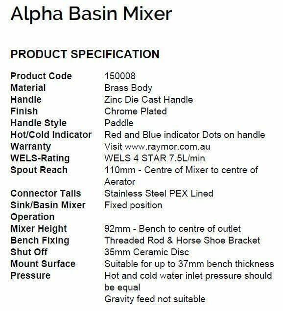 Raymor Alpha Basin Mixer Chrome 4Star Cartridge, Paddle Handle, Fixed Spout, - Australian Empire Shop