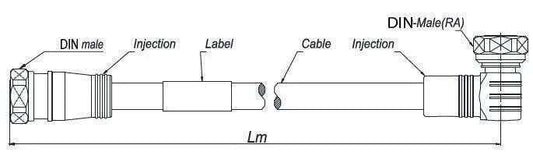Diagram of RF coaxial jumper cable with DIN male and right-angle DIN male connectors labeled