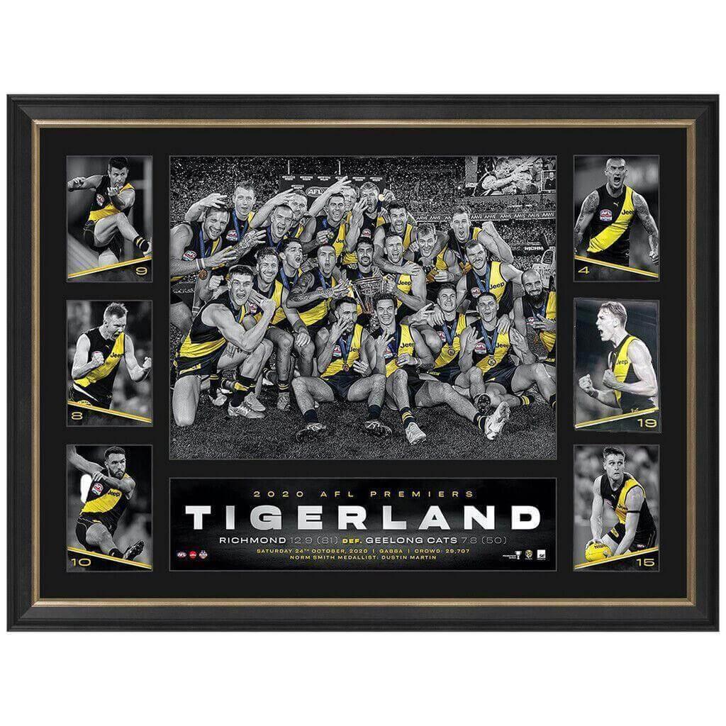 Richmond 2020 AFL Premiers tribute frame featuring team photo and player action shots.