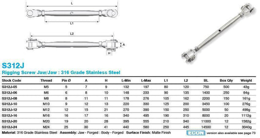 S312J-08PR - 8mm Bottlescrew Jaw/Jaw ProRig AISI 316 Grade Stainless Steel S312J - Australian Empire Shop