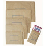 Assorted brown padded self-seal mailer bags, one with a book inside, on white background