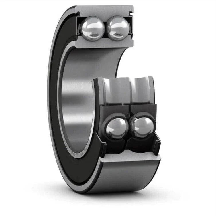 Double row ball bearing with inner and outer metal rings, cross-sectional view, industrial part