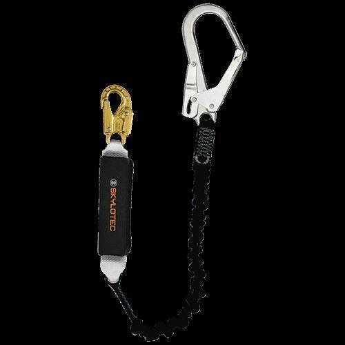 Skylotec 2m shock energy absorbing lanyard with double action snap hook and steel scaffold hook against black background