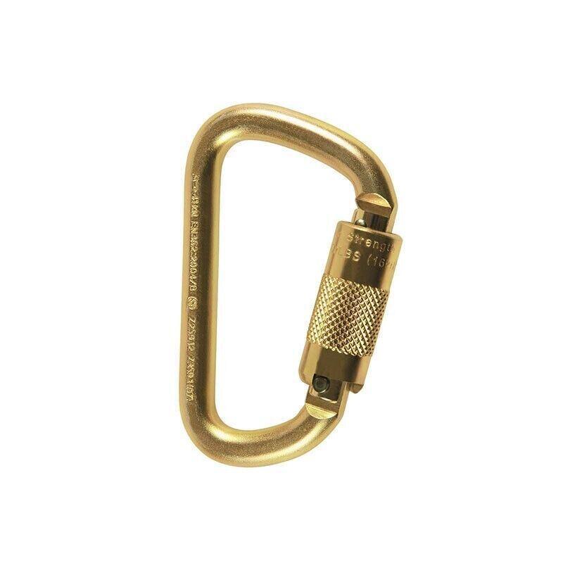 Steel D-shaped twist-lock carabiner with gold finish and knurled locking gate