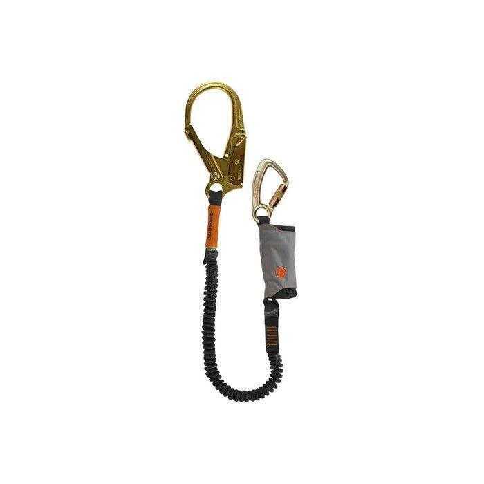 Single elasticated web lanyard with gold safety hooks and grey shock absorber pouch
