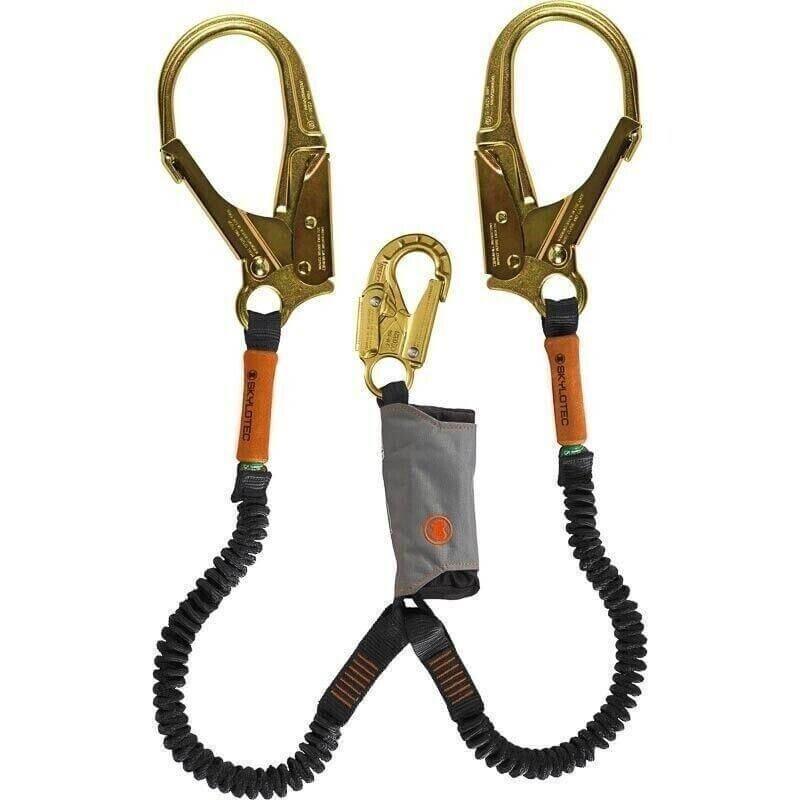 Y-shaped shock absorbing lanyard with two gold hooks for workplace fall protection safety.