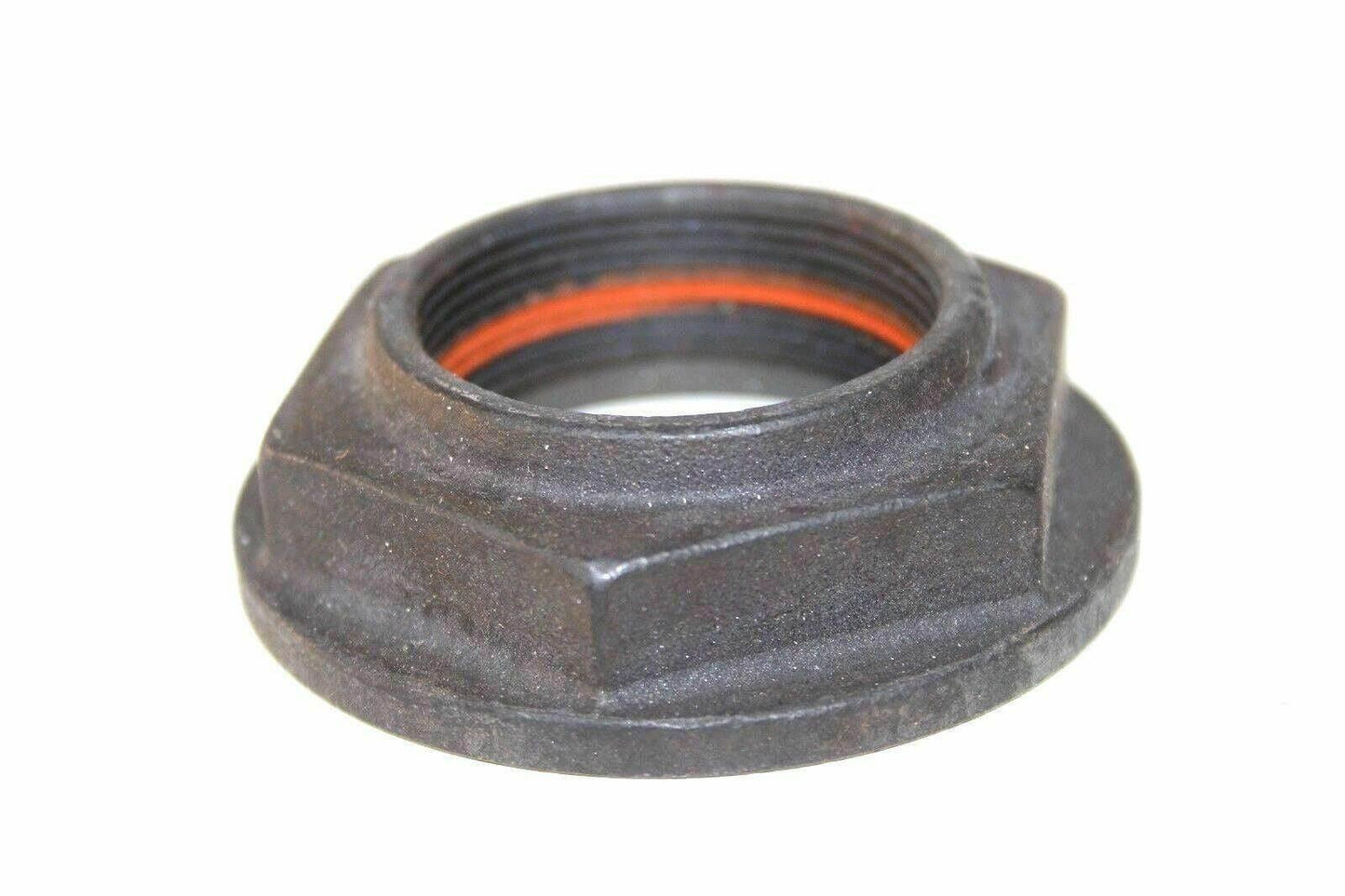 Hex flanged locknut for truck or tractor parts, black metal with internal threads