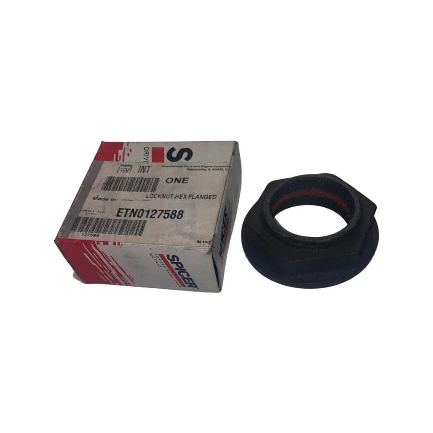Hex flanged locknut ETN0127588 with packaging, tractor part, black metal hardware