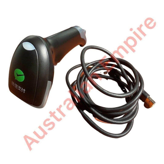 Handheld USB barcode scanner with long cable, black body and green symbol, isolated on white