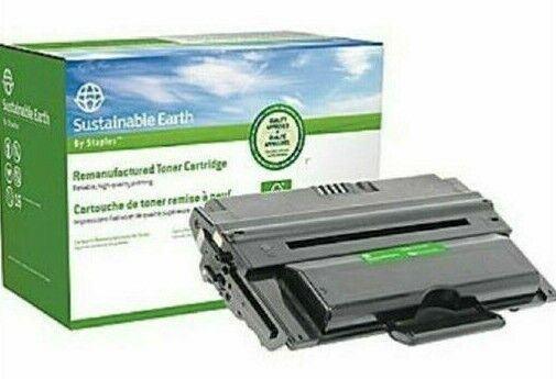 Black remanufactured laser toner cartridge with eco-friendly packaging, compatible with HP printers.