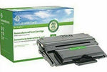 Black remanufactured laser toner cartridge with eco-friendly packaging, compatible with HP printers.