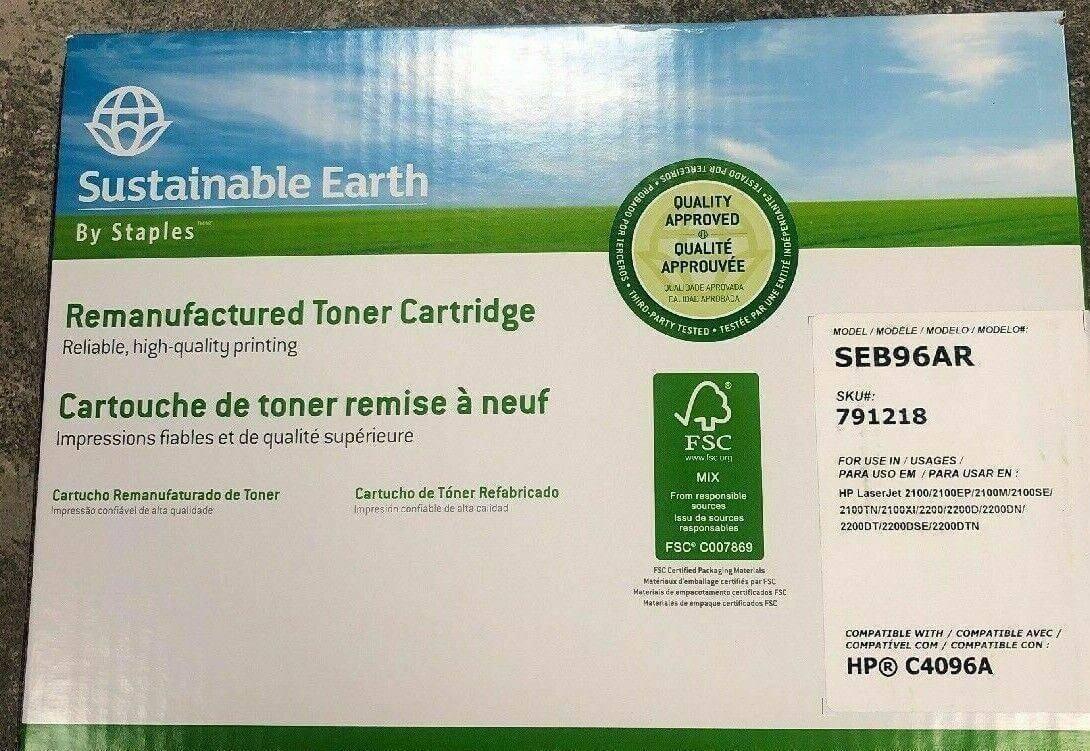 Sustainable Earth remanufactured toner cartridge box for HP C4096A LaserJet printers