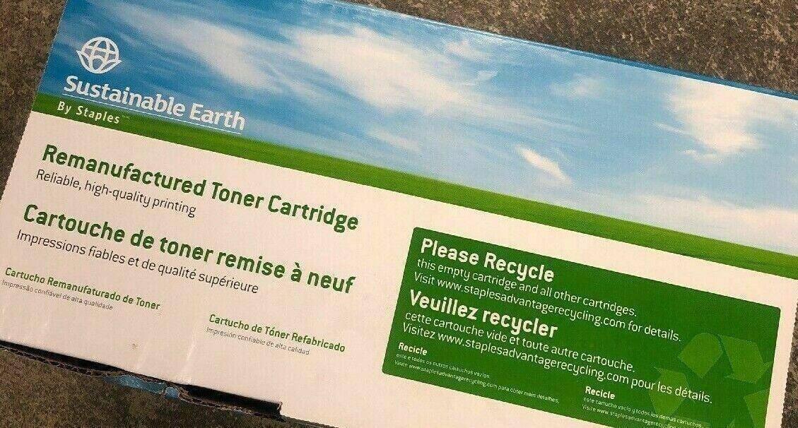 Sustainable Earth remanufactured black toner cartridge box with recycling message
