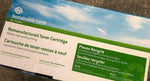 Sustainable Earth remanufactured black toner cartridge box with recycling message