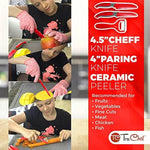 Kid using red safety knife and peeler set for cutting fruits and vegetables, safety gloves on.