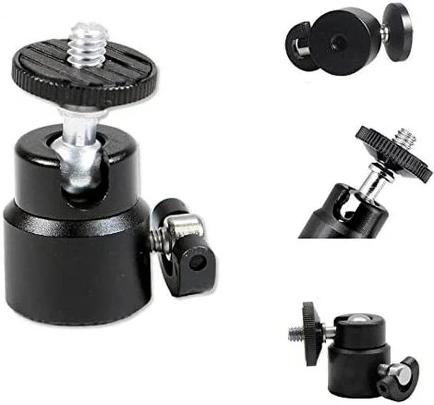 Black camera tripod ball head mount with adjustable knob and quick release plate for photography gear