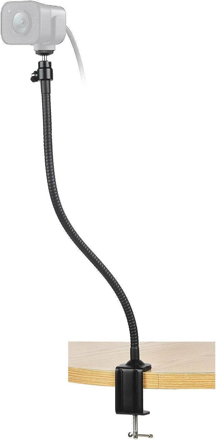 Flexible gooseneck webcam mount with desk clamp for office video calls and streaming setups