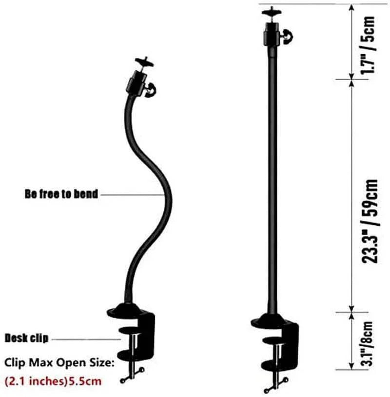 Adjustable gooseneck desk mount with clip, 23.3" height, flexible arm for office phones or devices