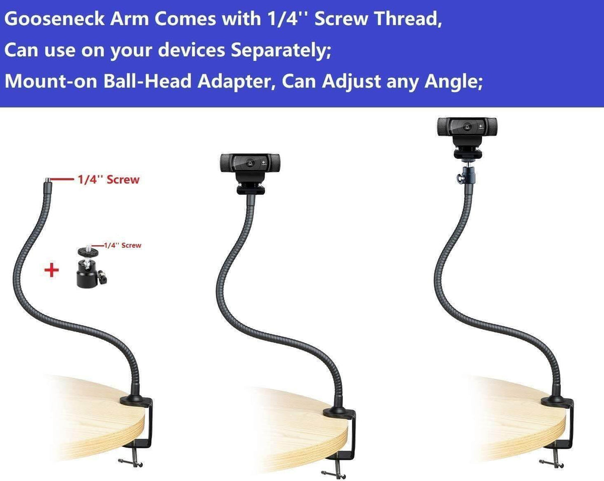 Flexible gooseneck arm with 1/4" screw thread and ball-head adapter for webcam mounting on desk