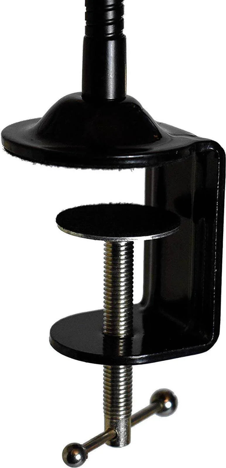 Black table clamp mount with adjustable screw for office phones or devices