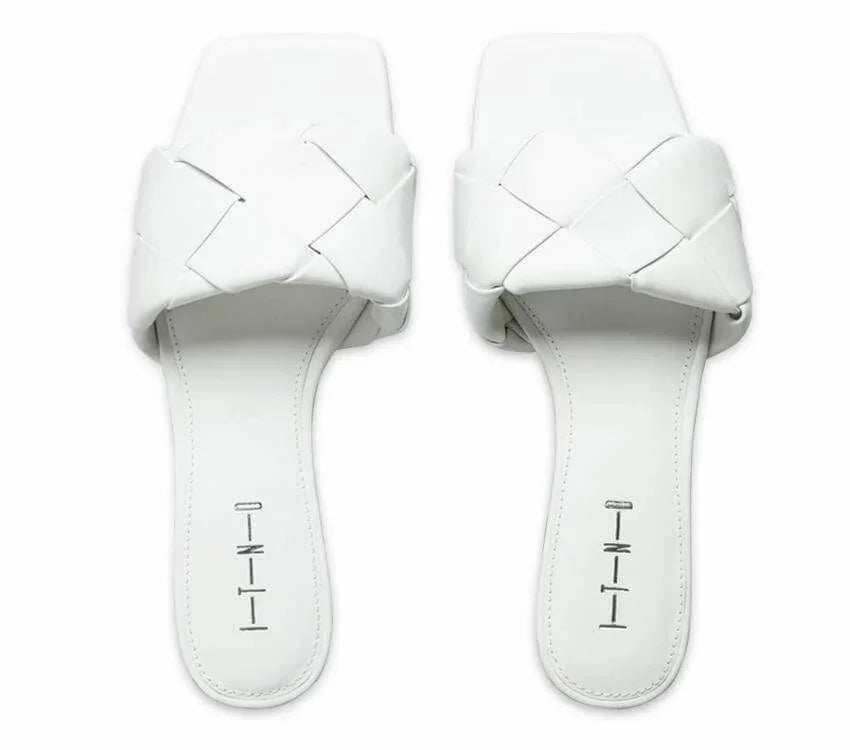 White quilted leather wedge sandals with slip-on design and square toe, women's summer footwear
