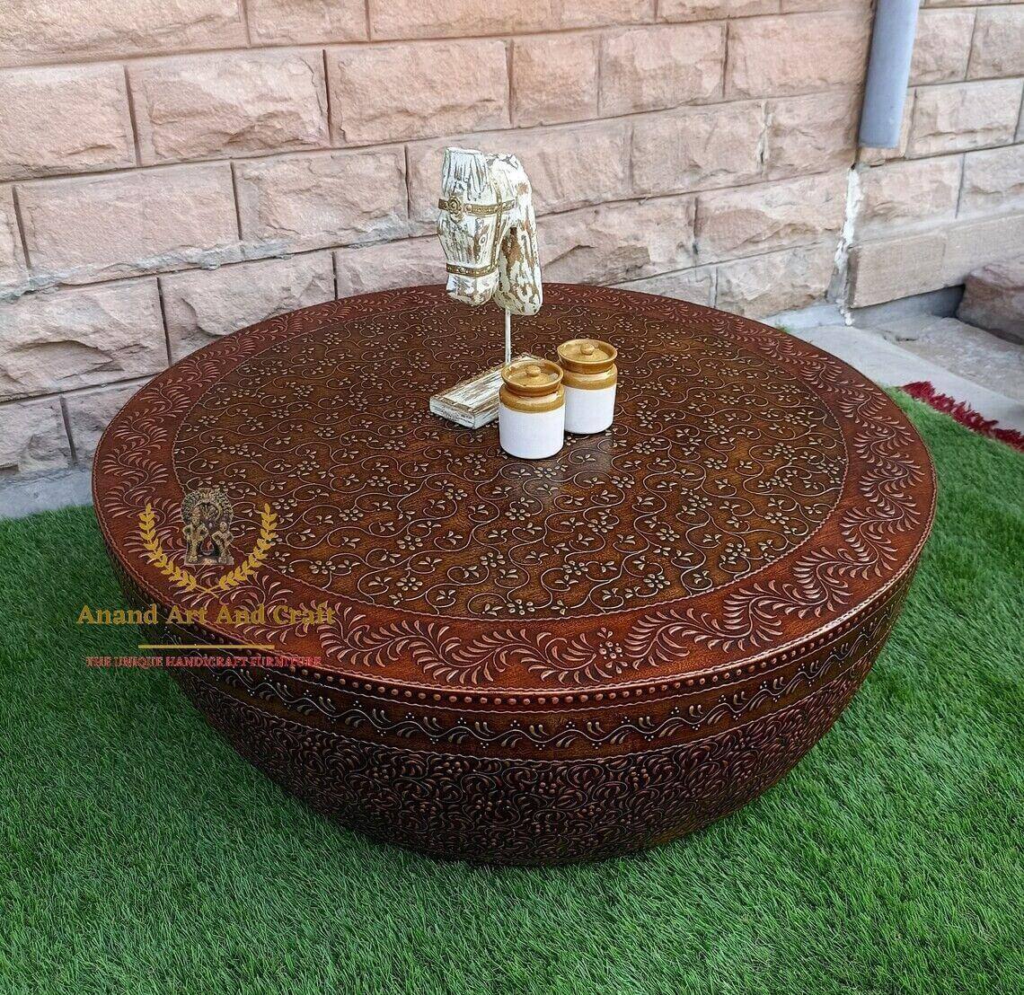 Wood Coffee Table Copper Gold Wooden Beautifully Embossed Work Cocktail handmade - Australian Empire Shop