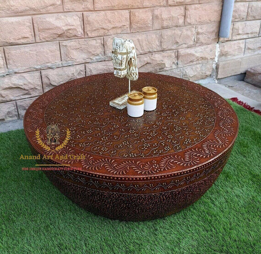 Wood Coffee Table Copper Gold Wooden Beautifully Embossed Work Cocktail handmade - Australian Empire Shop