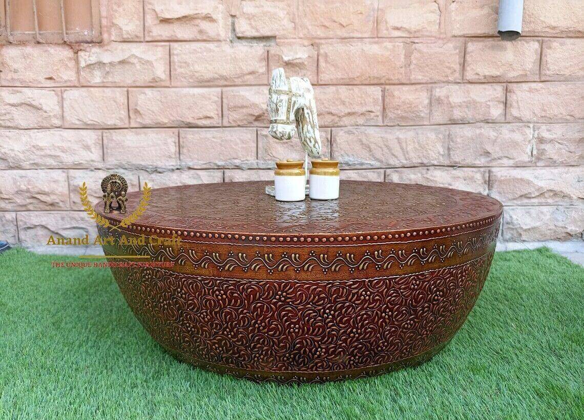 Wood Coffee Table Copper Gold Wooden Beautifully Embossed Work Cocktail handmade - Australian Empire Shop